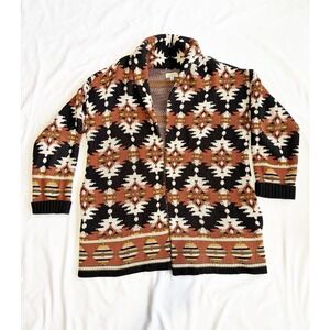 Lucky Brand Aztec Southwestern Cardigan Sweater Size L Shawl Collar Open Front